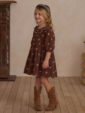RYLEE + CRU Kids' Freya Printed Cotton Dress In Brick with Scalloped Collar 4-5Y